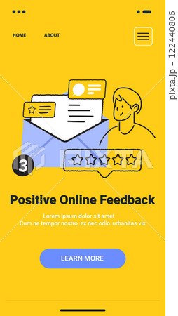 Positive online feedback concept with envelope star rating and person in minimalist doodle style on yellow background mobile app screen Positive online feedback concept with envelope star rating and person in minimalist doodle style on yellow background mobile app screen 122440806