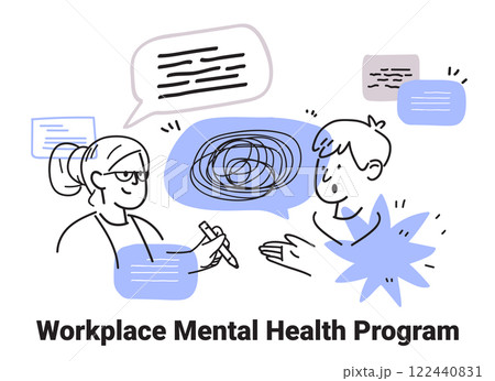 Workplace mental health program discussion doodle style. Two people conversing with speech bubbles and abstract shapes in a minimalist design 122440831