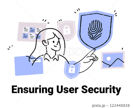 User security concept with person interacting with shield icons and digital elements in blue and gray tones. Minimalist hand drawn style 122440838