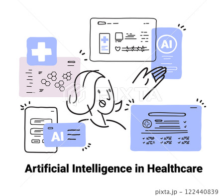 AI in healthcare concept illustration features a person interacting with digital health interfaces icons and diagrams in a minimalist hand-drawn style 122440839