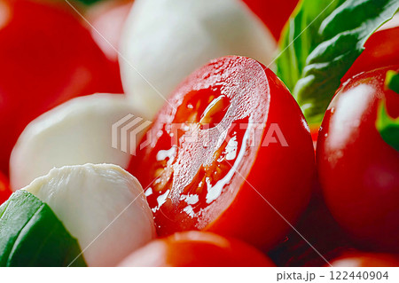 Vibrant colors of a freshly made caprese salad with ripe tomatoes, mozzarella and basil Vibrant colors of a freshly made caprese salad with ripe tomatoes, mozzarella and basil 122440904