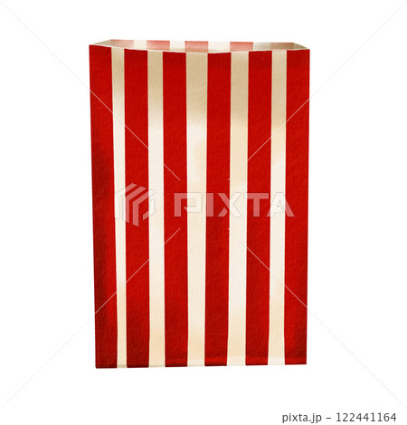Striped paper bag. Gift packaging. Empty box. Snackware for chips and popcorn. Retro style. Watercolor illustration. No background. A universal takra for food, flowers, toys and small parts.  122441164