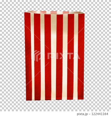 Striped paper bag. Gift packaging. Empty box. Snackware for chips and popcorn. Retro style. Watercolor illustration. No background. A universal takra for food, flowers, toys and small parts.  122441164
