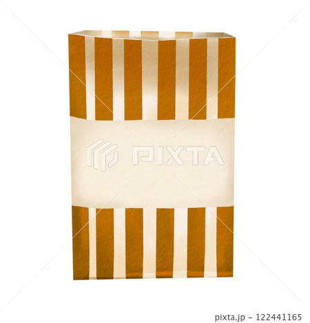 Striped paper bag. Gift packaging. Empty box. Snackware for chips and popcorn. Retro style. Watercolor illustration. No background. A universal takra for food, flowers, toys and small parts.  122441165