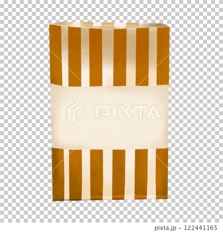 Striped paper bag. Gift packaging. Empty box. Snackware for chips and popcorn. Retro style. Watercolor illustration. No background. A universal takra for food, flowers, toys and small parts. Striped paper bag. Gift packaging. Empty box. Snackware for chips and popcorn. Retro style. Watercolor illustration. No background. A universal takra for food, flowers, toys and small parts. 122441165