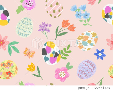 ポップでかわいい手描きのイースターデザイン。オシャレなイースターのシームレスパターン。 122441485