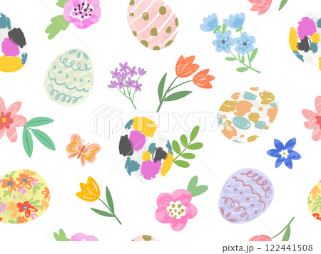 ポップでかわいい手描きのイースターデザイン。オシャレなイースターの 背景透過なシームレスパターン。 ポップでかわいい手描きのイースターデザイン。オシャレなイースターの 背景透過なシームレスパターン。 122441508