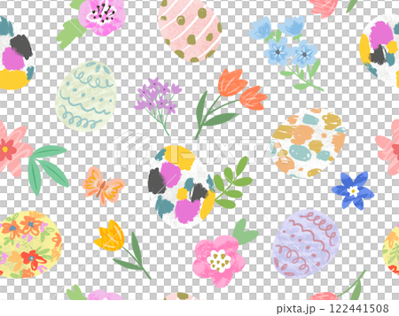 Pop and cute hand-drawn Easter design. Stylish Easter seamless pattern with transparent background. 122441508