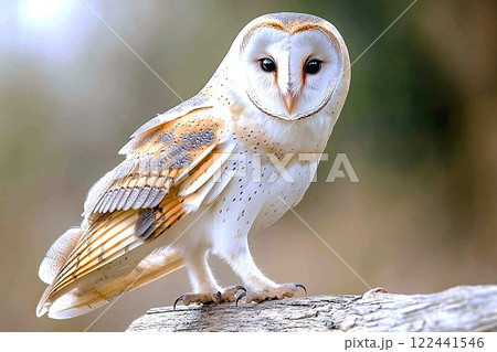 An owl perches on a log in a farmyard, evoking the mystical atmosphere of farm life 122441546