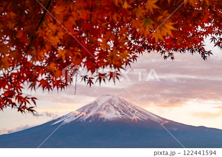 《山梨県》富士山と紅葉のアーチ・秋の河口湖湖畔の夕暮れ 122441594
