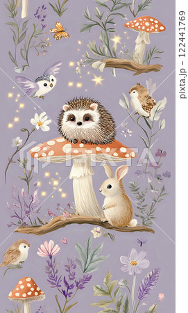Whimsical Forest Scene Featuring Hedgehogs Rabbits and Glowing Fireflies at Night 122441769
