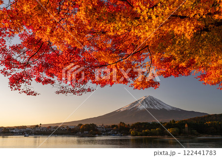 《山梨県》富士山と紅葉・河口湖湖畔の夜明け 122441783