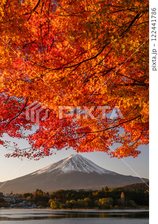 《山梨県》富士山と紅葉・河口湖湖畔の夜明け 122441786