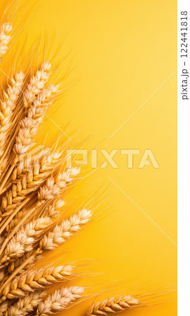 Golden wheat on soft pastel yellow background creates warm, inviting scene 122441818