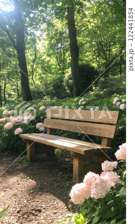 rustic wooden bench surrounded by blooming pink flowers in serene garden rustic wooden bench surrounded by blooming pink flowers in serene garden 122441854