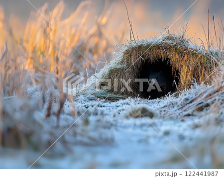 Frost-kissed groundhog den nestled in grassy bank with shadowy silhouette 122441987