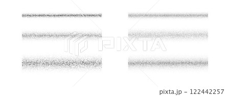 Black dotted gradient texture set. Stippled grain brush element collection. Fading scatter noise pattern pack. Spray dot line stroke background. Rectangle grainy sand bundle. Vector illustration 122442257