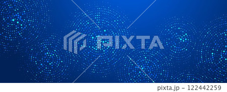 Digital technology pattern wallpaper. Glowing blue dotted circle background. Abstract dot round grid backdrop for business, science, healthcare, medicine, finance. Vector navy texture surface 122442259