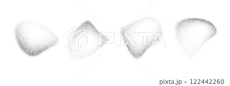 Liquid fading dotted gradient drop shapes. Black stippled object set. Grainy spray spots and stains. Noise splashes and splatters forms. Dissolve sand dust texture. Vector fluid halftone elements 122442260
