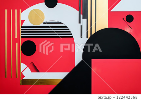 Bold geometric shapes featuring circles, triangles, and squares on red background 122442368