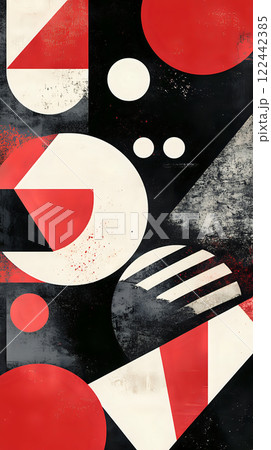 Abstract geometric patterns featuring circles and triangles on red Abstract geometric patterns featuring circles and triangles on red 122442385