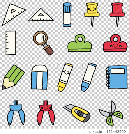 手描きのカラフルな文房具のイラストセット 手描きのカラフルな文房具のイラストセット 122442400