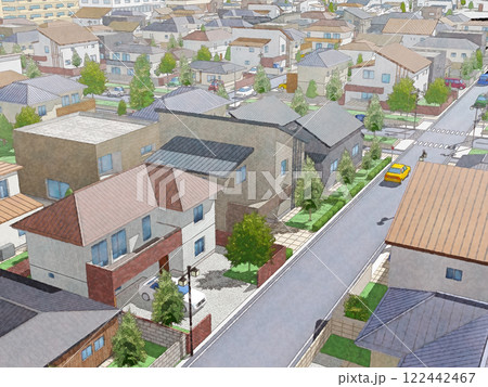 家　住宅　マイホーム　住まい　街　俯瞰　手描き風　水彩画 122442467