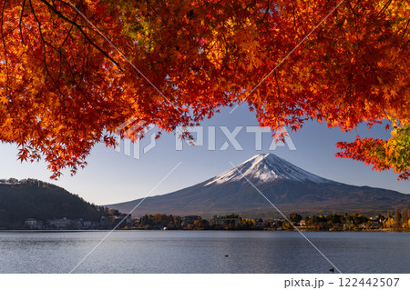 《山梨県》富士山と紅葉・河口湖湖畔の夜明け 《山梨県》富士山と紅葉・河口湖湖畔の夜明け 122442507
