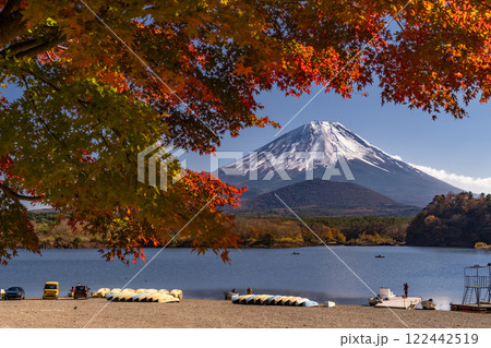 《山梨県》富士山と真紅の紅葉・秋の精進湖湖畔 122442519