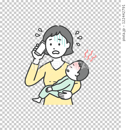 Illustration of a mother's upper body calling a medical institution in a panic, holding a child with a sudden fever 122442791
