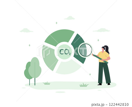 CO2 neutral. Net zero emissions and carbon dioxide balance. Eco industrial development concept. Female character with magnifier. Vector illustration in flat cartoon style CO2 neutral. Net zero emissions and carbon dioxide balance. Eco industrial development concept. Female character with magnifier. Vector illustration in flat cartoon style 122442810
