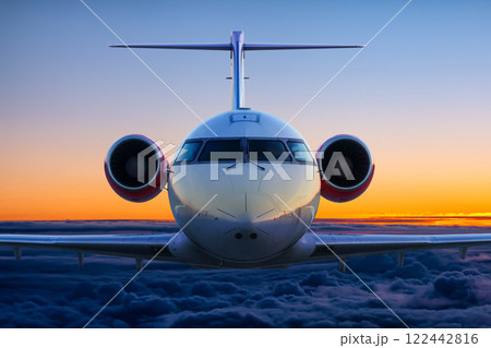 Front view of the executive airplane flies in the sunset sky 122442816
