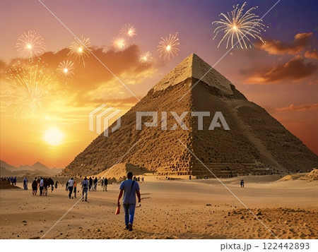夕暮れのピラミッドと花火 122442893