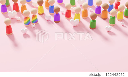 Pride month LGBTQ+ concept design of wooden people wearing rainbow t-shirts on pink background with copy space 3D render Pride month LGBTQ+ concept design of wooden people wearing rainbow t-shirts on pink background with copy space 3D render 122442962
