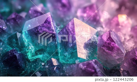 美しいレインボーフローライトの原石のクローズアップ背景 122443206