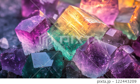 美しいレインボーフローライトの原石のクローズアップ背景 美しいレインボーフローライトの原石のクローズアップ背景 122443209