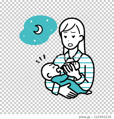 Illustration of a woman raising a child at night 122443216