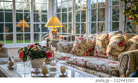 Colorful pillows on sofa against glass wall of window in a winter garden or conservatory. Interior textile concept. High quality photo 122443287