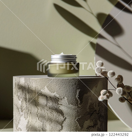 Cosmetic cream in a glass jar. Skin care concept. Background for beauty products 122443292