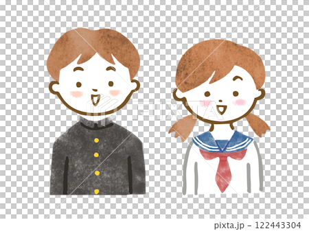 Illustration of upper body of male and female junior and senior high school students in uniform 122443304