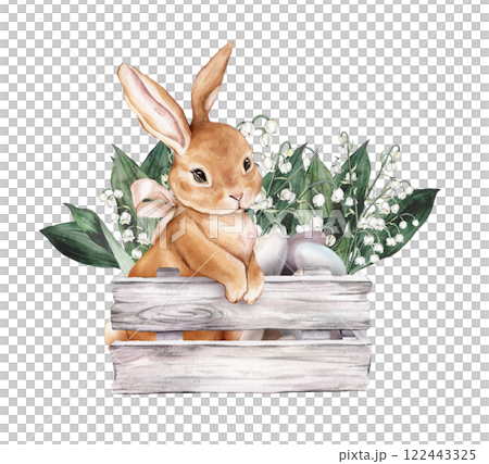 Watercolor Easter Bunny or rabbit with Bouquet of tender poured white flowers lily of the valley and painted eggs in wooden box. Hand drawn illustration composition with flowers and hare for card 122443325