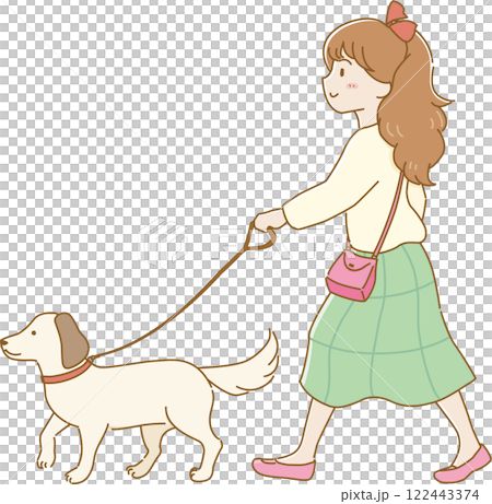 耳の垂れたペットの犬と散歩するリボンをつけた女の子 122443374