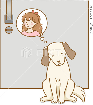 玄関のドアの前で主人を想う寂しそうな耳の垂れた犬 122443375