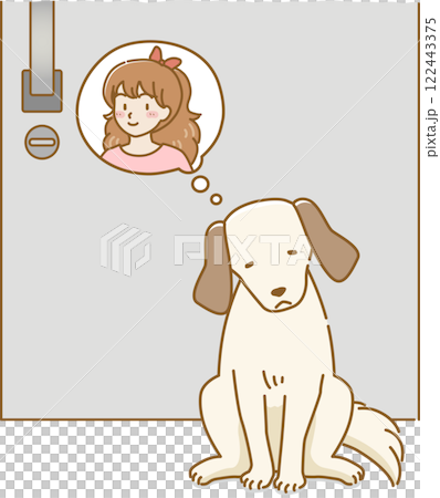 玄関のドアの前で主人を想う寂しそうな耳の垂れた犬 122443375