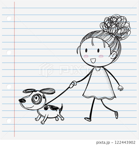 Girl Walking Dog on Lined Paper Girl Walking Dog on Lined Paper 122443902