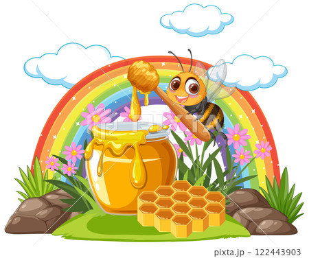 Cheerful Bee with Honey and Rainbow 122443903
