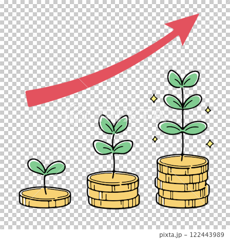 お金が増えていくイメージを植物と矢印で表現したイラスト(カラー1) 122443989