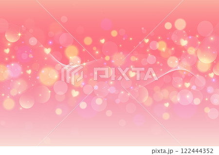 Pink background with lovely cute hearts and pattern of bokeh. Light pastel fantasy gradient sky with magic stars. Valentine Day blurred girly wallpaper. Dreamy glowing backdrop with fairy sparkles 122444352
