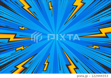 Cartoon comic background with lightnings. Pop art graphic with halftone effect and radial thunders. Blue abstract vector illustration with flash light and speed lines frame. 122444353