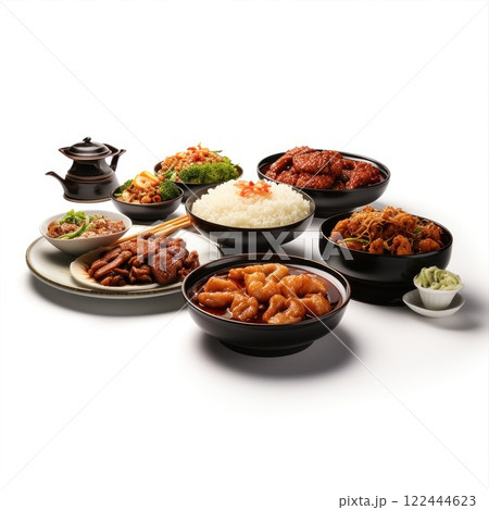 Colorful variety of asian dishes including rice, meat, seafood, and vegetables served in bowls and plates, accompanied by a teapot and chopsticks Colorful variety of asian dishes including rice, meat, seafood, and vegetables served in bowls and plates, accompanied by a teapot and chopsticks 122444623